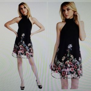 Pretty & Fun Black floral high neck halter dress.